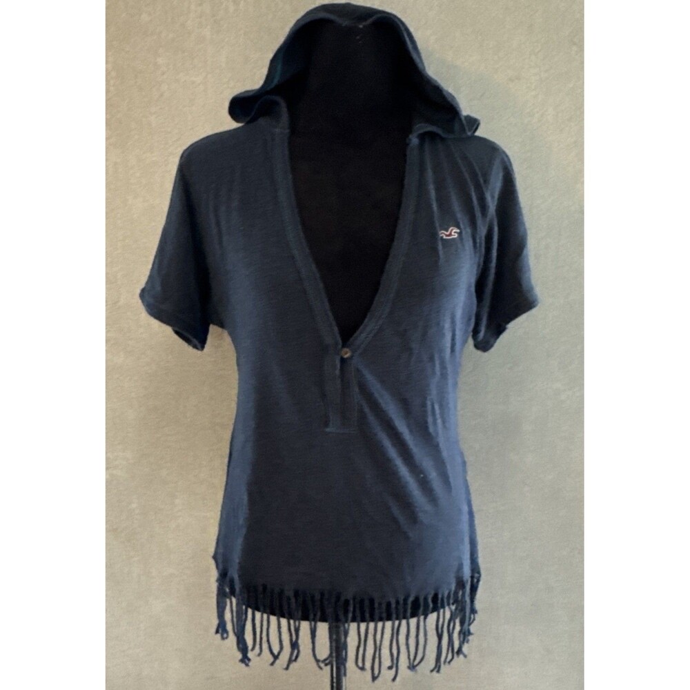 Vintage Y2K 00 Hollister Top Fringe Beach Cover Up Hoodie XS Blue